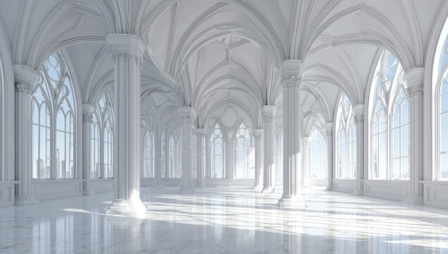Vast, white cathedral-like hall with high vaulted ceilings, columns, and large arched windows