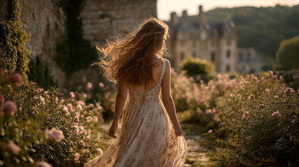 Enchanting Garden Stroll at Golden Hour: Woman with Flowing Hair and Floral Dress in Sunlit Bloom