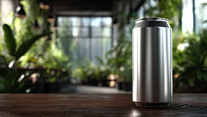 A metallic beverage can sits on a wooden table,  with a blurred background of a cafe or restaurant filled with greenery