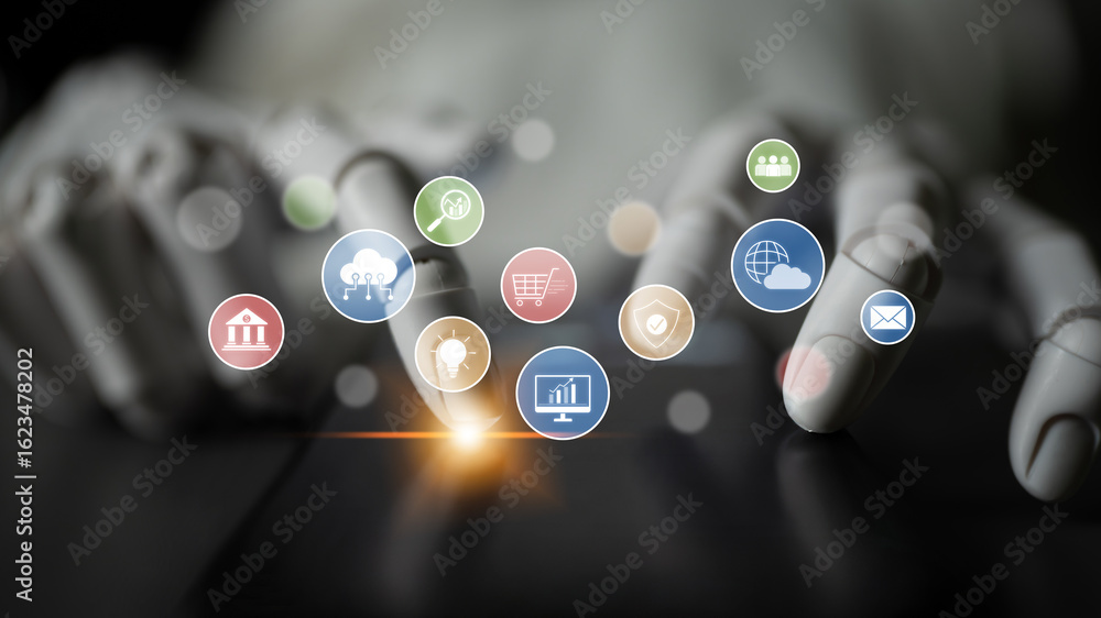 Poster ai assists in organizing and visualizing a digital ecosystem of business icons to represent key serv