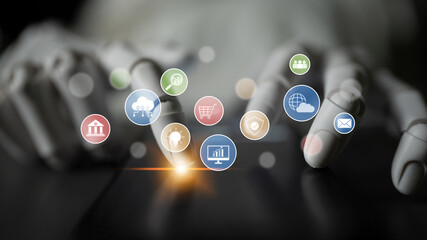 AI assists in organizing and visualizing a digital ecosystem of business icons to represent key services like finance, analytics, and secure cloud platforms in modern industries Latch