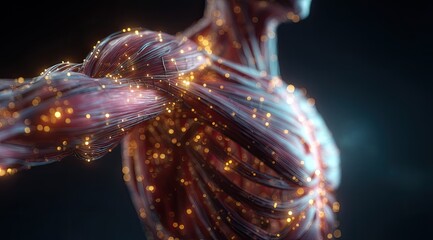 Detailed anatomical illustration of muscles, highlighted with glowing particles