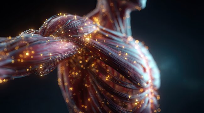 Detailed anatomical illustration of muscles, highlighted with glowing particles