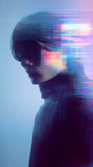 Digital Portrait of a Mysterious Woman with Futuristic Glitch Art Effect