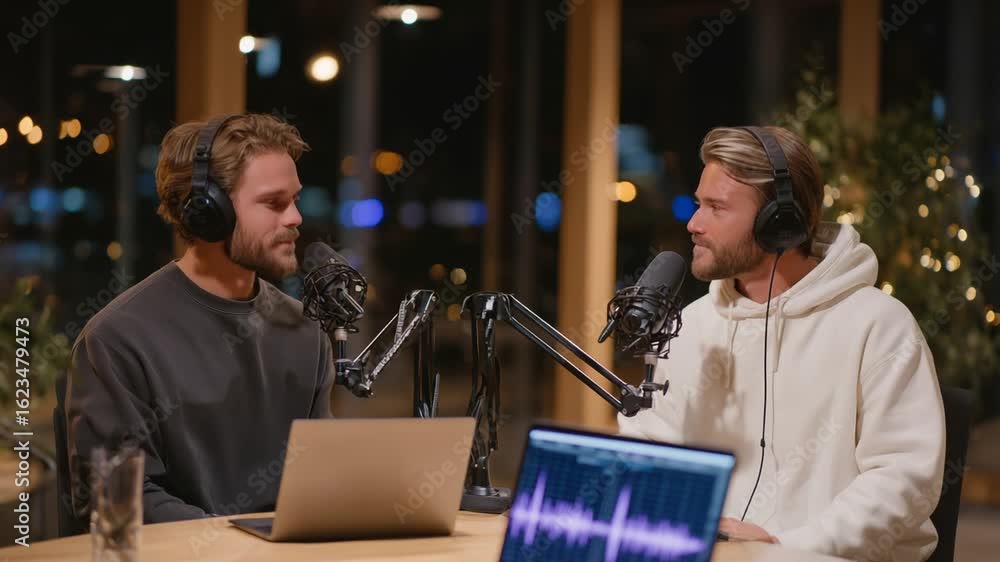 Poster two podcasters in a warmly lit studio engage in dynamic dialogue, with microphones on boom arms and 