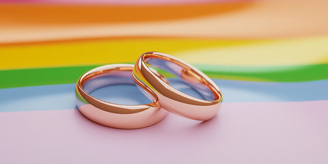 Two wedding rings on rainbow background, symbolize love, equality and commitment in same-sex marriage. Celebrate LGBTQ+ rights with this symbol of union.