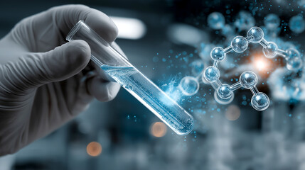 Scientific Innovation: Hand Holding Test Tube with Molecular Structure in Laboratory Setting