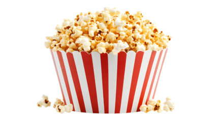 A red and white striped paper cup filled with popcorn