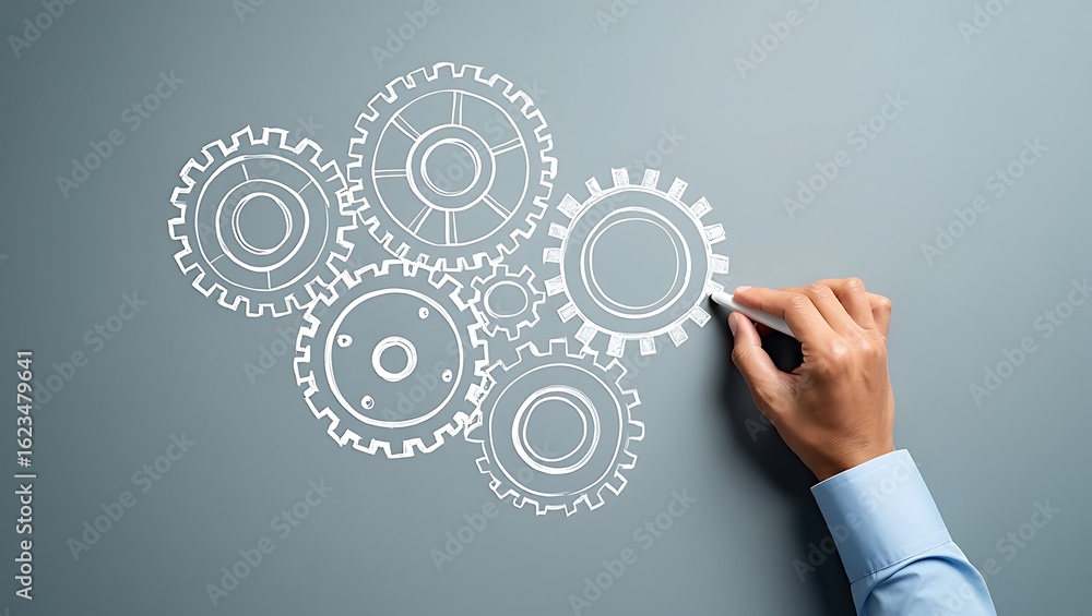 Poster hand drawing interconnected gears on a gray background representing teamwork and mechanical processe
