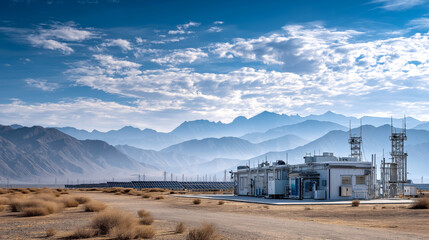 Remote Desert Power Station with Majestic Mountain Backdrop and Renewable Energy Infrastructure