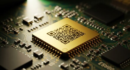 Close-up of a golden microchip with QR code on a circuit board