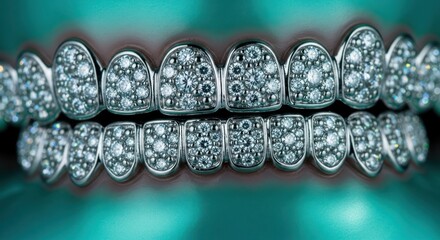 Close-up of a full set of teeth, heavily encrusted with sparkling diamonds