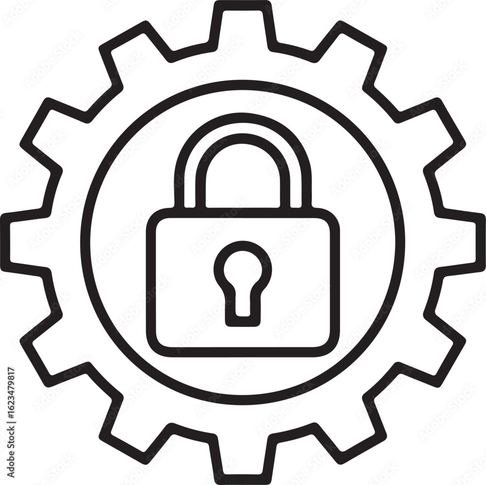 Poster secure mechanical gear with a locked padlock icon symbolizing data protection and system security