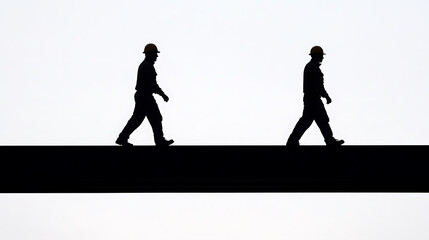 Silhouetted workers traversing a beam show construction expertise. Safety first in the high-stakes environment. Dedication in silhouette.