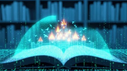 A magical open book reveals a glowing castle with vibrant towers and birds flying around set against a backdrop of digital data streams and bookshelves symbolizing creativity and imagination - Powered by Adobe