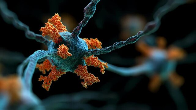 3D visualization of nerve cells with blocked sodium channels depicting mechanism of tetrodotoxin poisoning at cellular level.