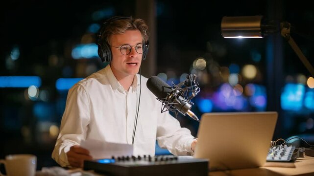 A podcaster with headphones speaks into a large microphone, surrounded by a sound mixer, laptop, notes, and coffee, under soft LED lighting.