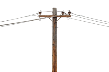 Close-up of weathered wooden utility pole with electrical wires