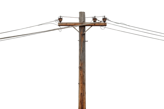 Close-up of weathered wooden utility pole with electrical wires
