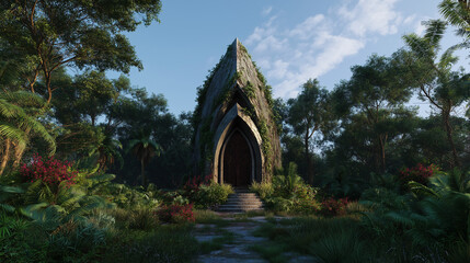 Fototapeta premium Mystical forest temple with gothic arch doorway hidden in lush tropical jungle, fantasy sacred architecture in nature, overgrown mysterious shrine surrounded by exotic plants and vibrant greenery
