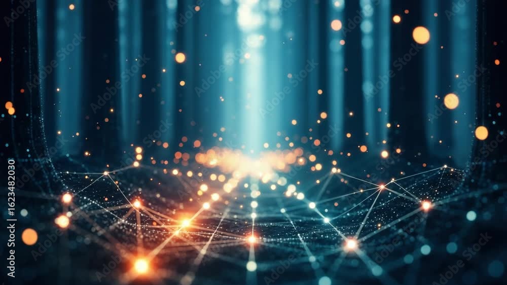 Poster a mesmerizing digital landscape featuring glowing particles and interconnected lines creating a futu