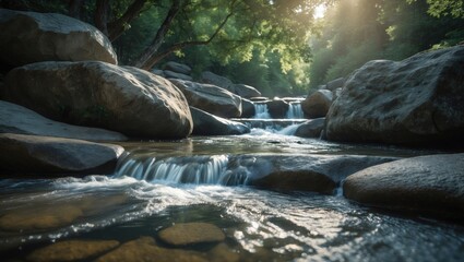 A peaceful mountain stream flowing over rocks in a lush forest with sunlight filtering through the trees.