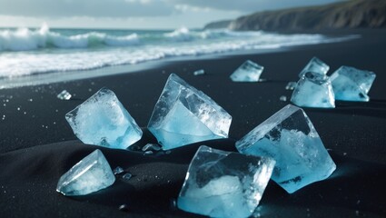 Ice chunks on black sand beach with ocean in the background. Arctic ice, melting glaciers, and climate change concept. Natural landscape and environment.
