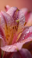 Close-up of delicate pink lily flower covered in raindrops in a soft natural setting