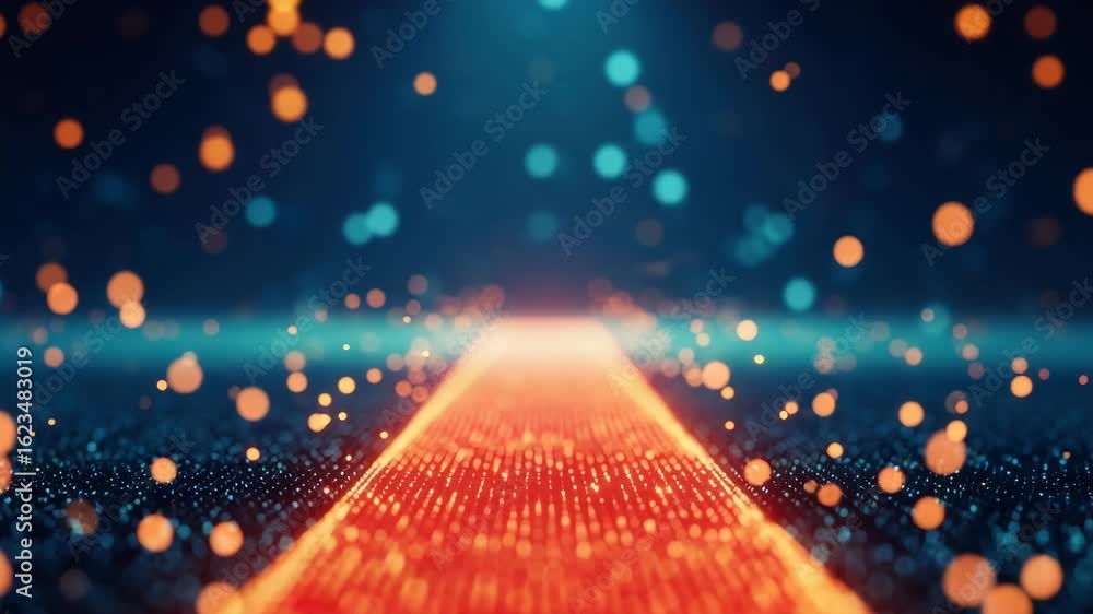 Poster a vibrant digital pathway illuminated by glowing particles and bokeh effects leading into a mysterio