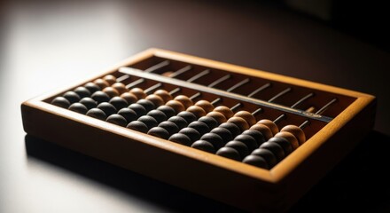 Close-up of a wooden abacus, light highlighting it