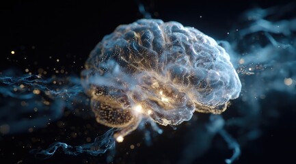 3D brain, abstract, glowing, particles