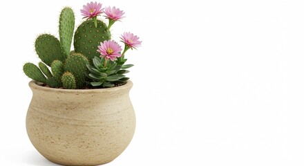 AI-generated illustration of a potted cactus with flower against a white background