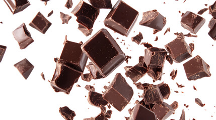 A close-up of chocolate pieces scattered on a white background. Concept of indulgence and pleasure, as the chocolate is a popular treat that many people enjoy
