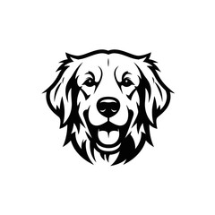 A stylized black and white illustration of a golden retriever head on white