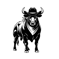 Fototapeta premium A black and white illustration of a bull wearing a cowboy hat and bandana