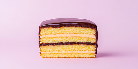Fototapeta premium Slice of layered cake with chocolate ganache. Delicious treat with sponge cake, cream filling, and rich chocolate coating. Sweet indulgence on pink backdrop.