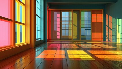 Colorful interior room with vibrant windows and hardwood floor. Sunlight streams in, casting colorful shadows on the polished wooden floor