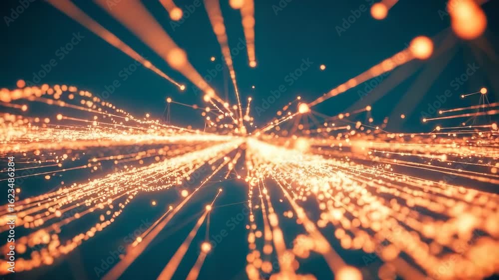 Poster abstract visualization of dynamic light trails creating a sense of depth and movement set against a 