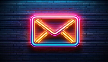 glowing neon email envelope sign on brick wall background