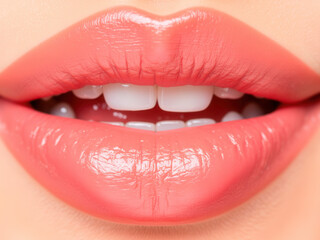 Obraz premium Closeup of glossy pink lips with white teeth smiling 