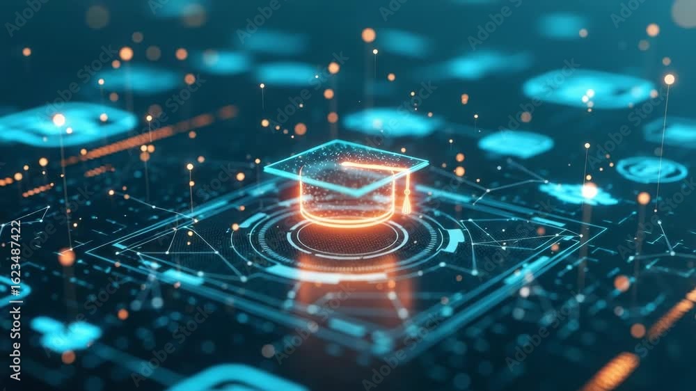 Poster a futuristic digital interface showcasing a glowing holographic icon in the center surrounded by int