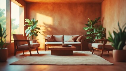 Fototapeta premium A cozy living room interior with a sofa, armchairs, potted plants, and warm sunlight filtering through large windows. Comfortable home decor and relaxed atmosphere.