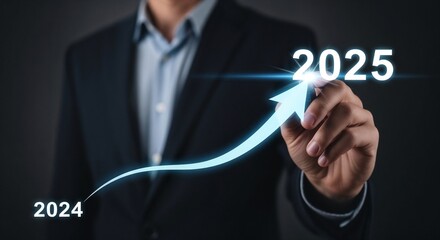 
2025 new year, new business start up, target, goal action plan for success growth, market trend 2024-2025, Annual plan development. Businessman draws increase arrow challenge business strategy
