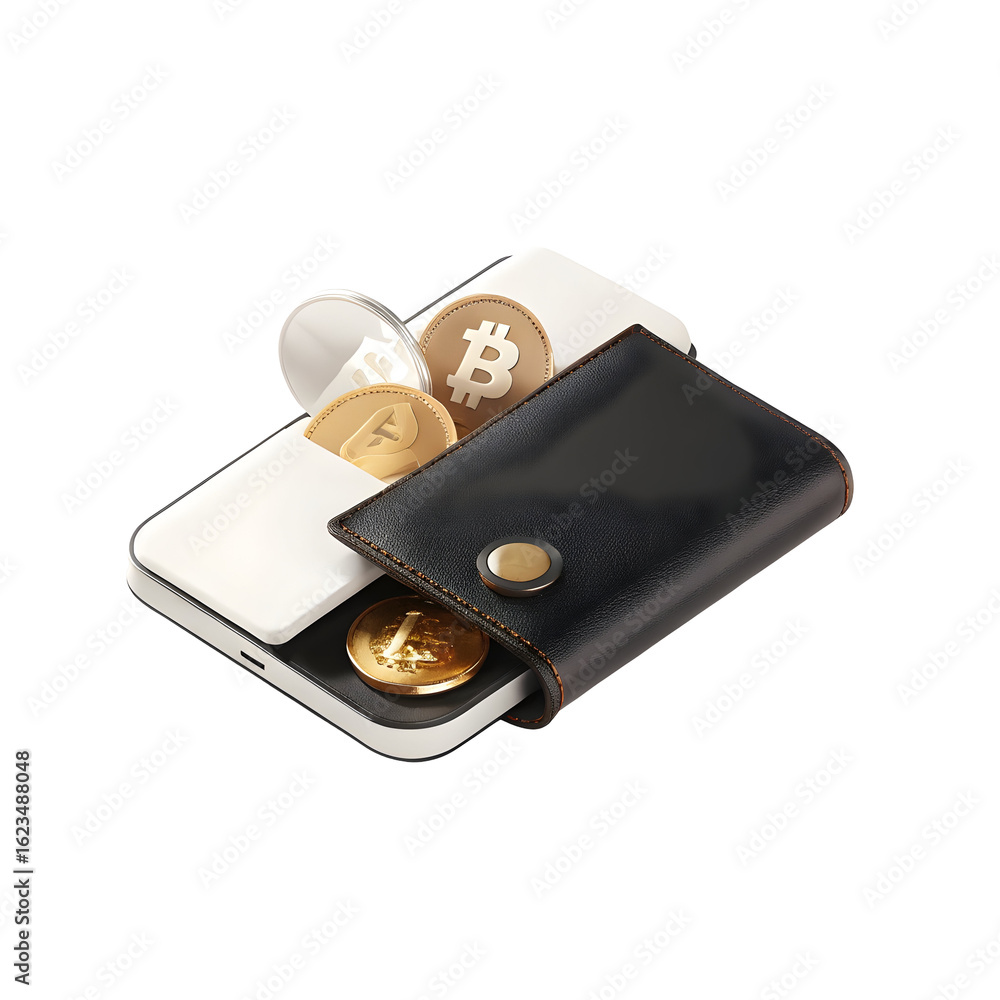 Poster wallet with digital coins isolated on a transparent background