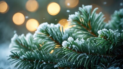 Frost-covered pine branches with blurred warm glowing lights in the background.