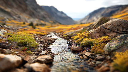Winding mountain stream flowing through rocky terrain with golden foliage autumn colors natural landscape