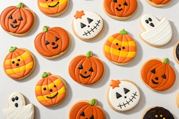 Assortment of festive halloween sugar cookies including pumpkins and ghosts