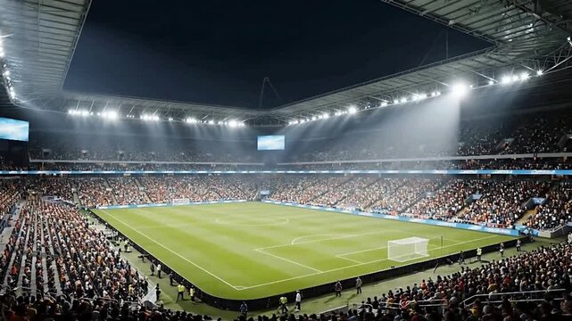 modern grass playground stadium evening floodlight illumination zoom out, football stadium sport advertisement background, 4K animation with black end