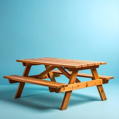 Wooden Picnic Table on Light Blue Background Summer Outdoor Relaxation.