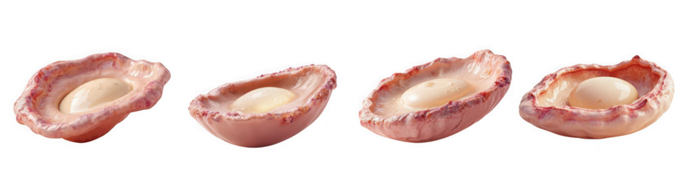 Four lychee halves are arranged in a row showing the white flesh and pink shell on a transparent background